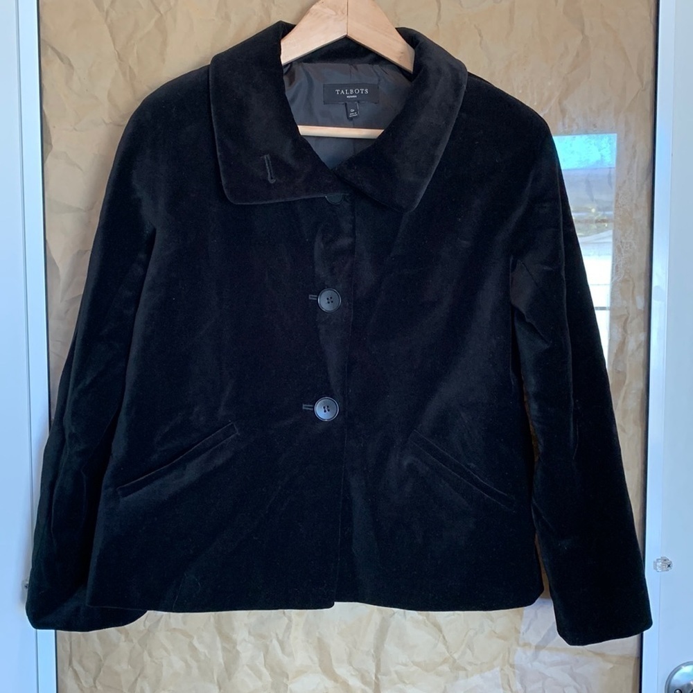 Talbots Petites | Cotton Black Velvet Button Pocket Fully Lined Blazer Jacket 0P - Picture 13 of 16
